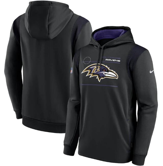 Men's Baltimore Ravens 2021 Black Sideline Logo Performance Pullover Hoodie Men's Baltimore Ravens 2021 Black Sideline Logo Performance Pullover Hoodie